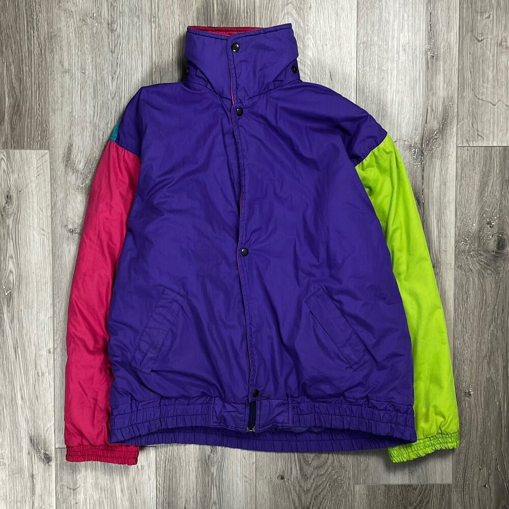 Vintage 80s Winter Reality Neon "Ski Guide" Puffer Large Winter Jacket